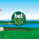 Bel “For All For Good” branded illustration showing a sustainable landscape with farms, water, and communities, reflecting the brand’s commitment to responsible food and positive impact.