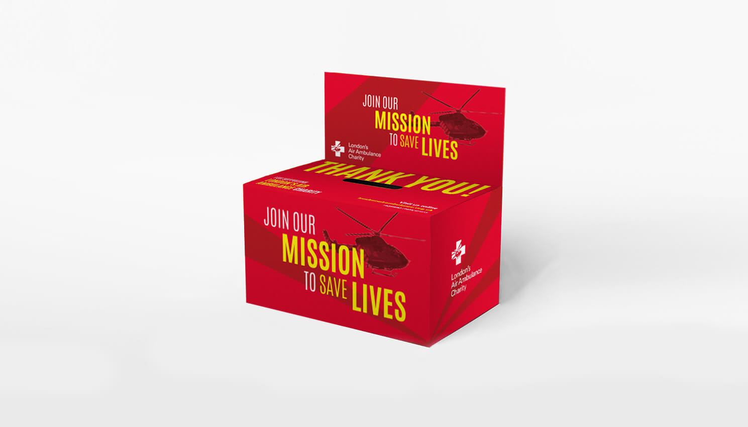 London Air Ambulance donation box London Air Ambulance donation box design created for CRM-driven donor engagement and brand campaigns