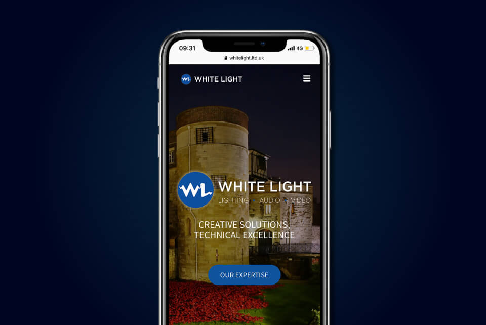 White Light mobile website homepage White Light mobile website homepage showing lighting, audio and video services with creative solutions and technical excellence messaging
