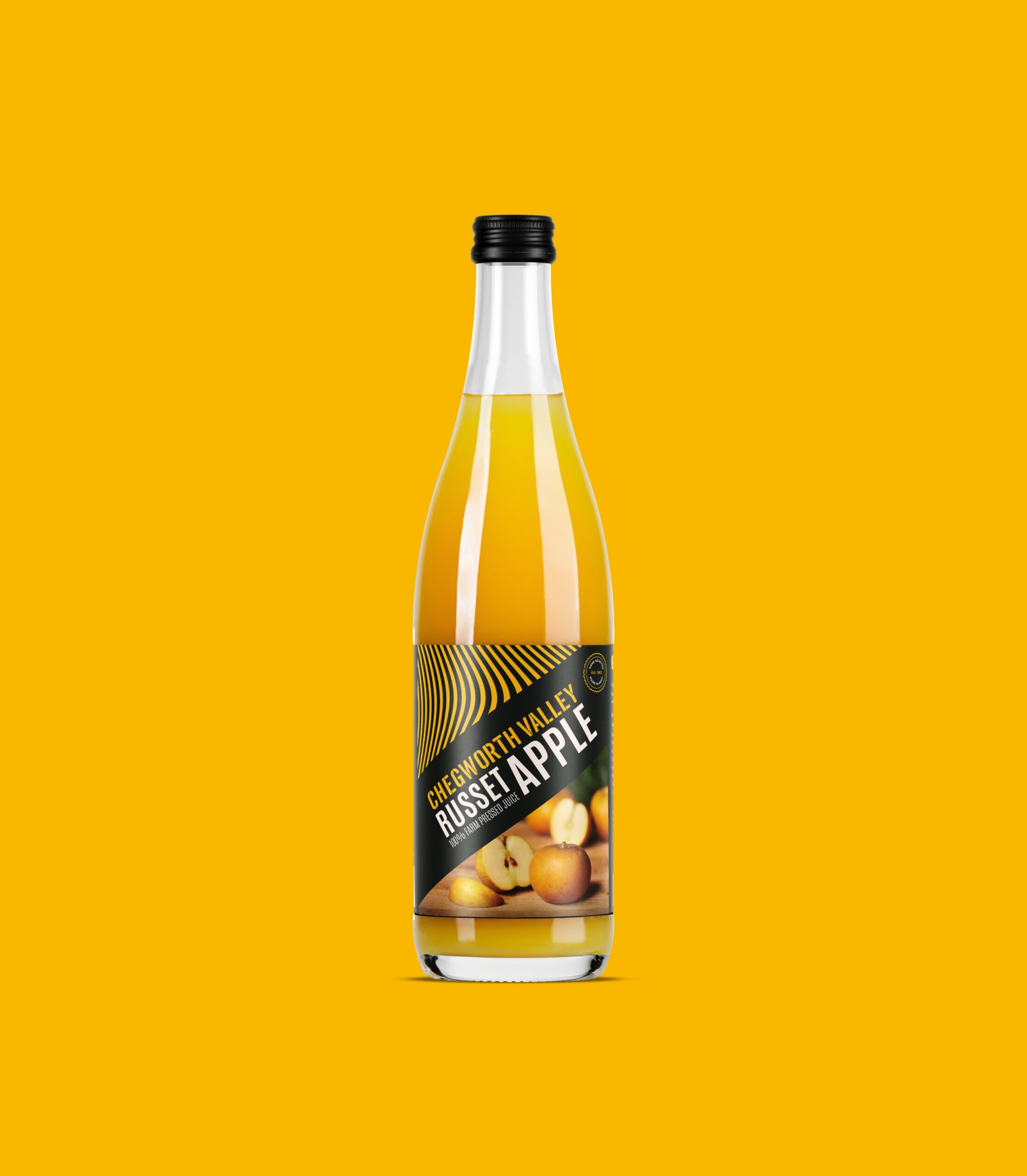 Chegworth Valley Russet Apple juice bottle, branded glass packaging, farm-pressed English apple juice product on yellow background.