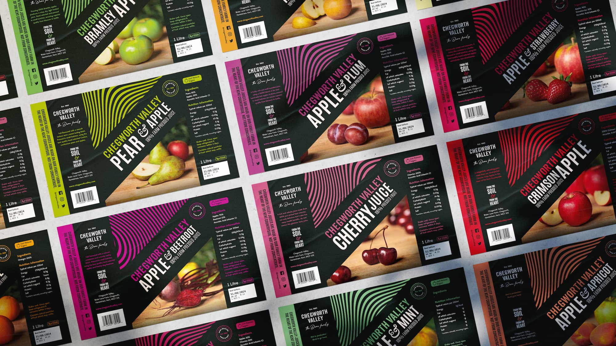 Chegworth Valley branded juice packaging range featuring apple, pear, cherry and fruit blends, showcasing farm-pressed juices from Kent.
