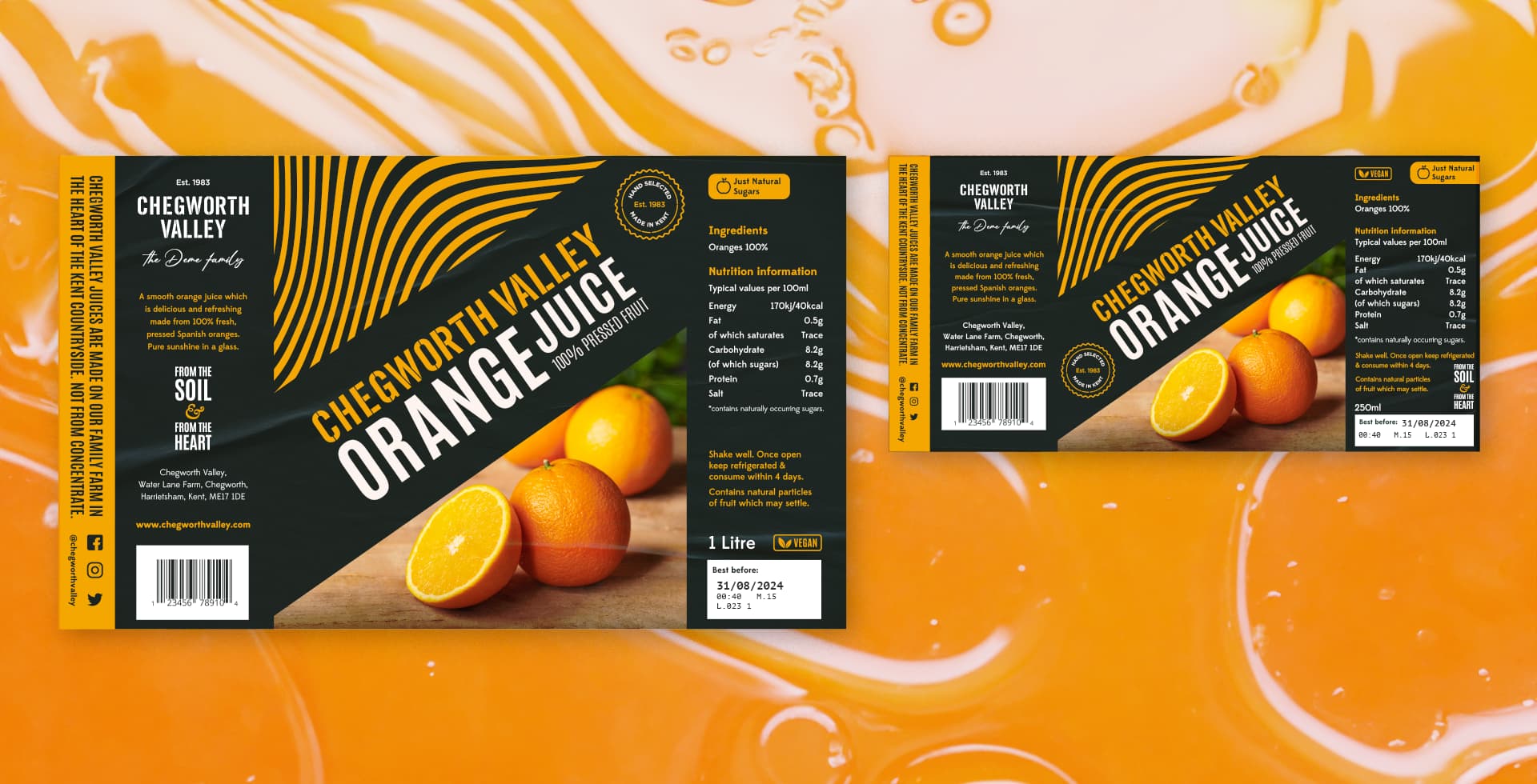 Chegworth Valley Orange Juice packaging showing labels, featuring 100% pressed orange juice, ingredients, nutrition information, and “From the Soil & From the Heart” branding.