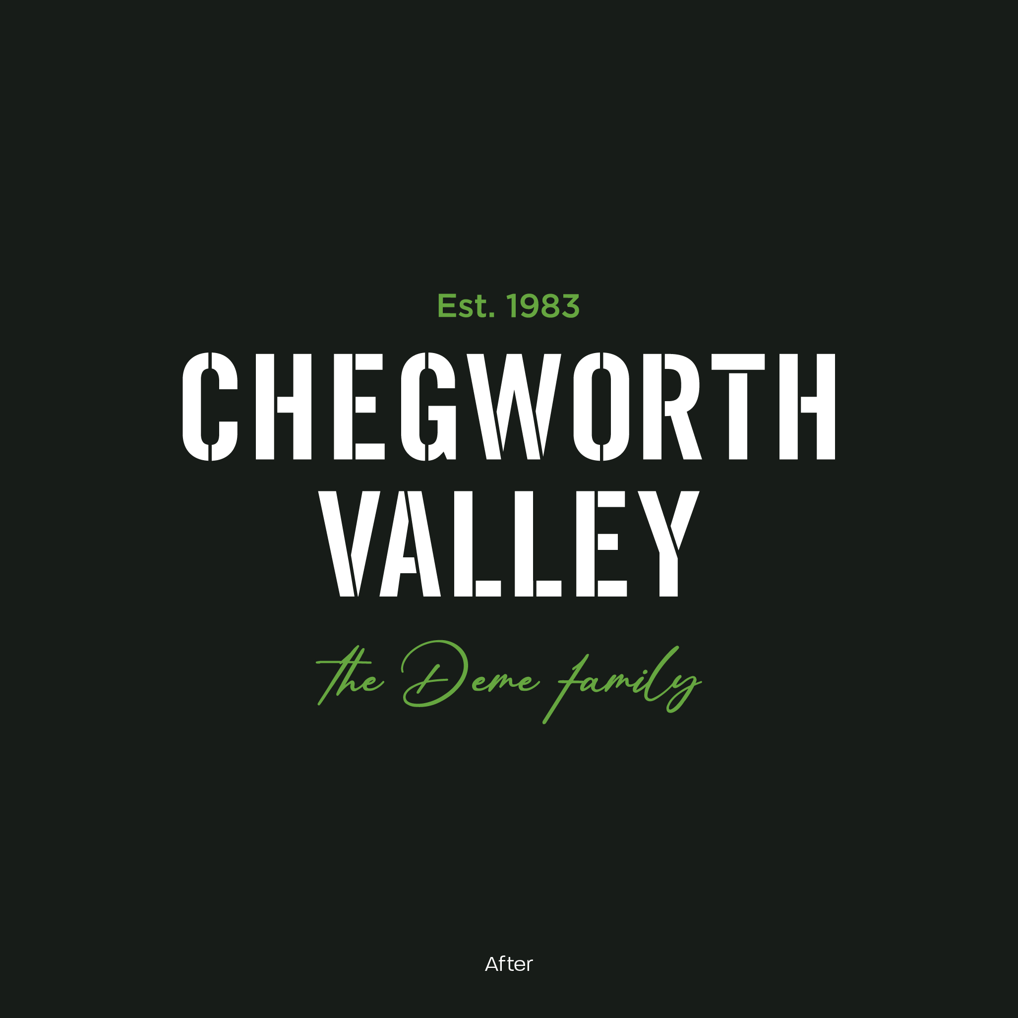 Chegworth Valley brand mark showing “Est. 1983” and The Deme family, established English apple orchard and farm brand.