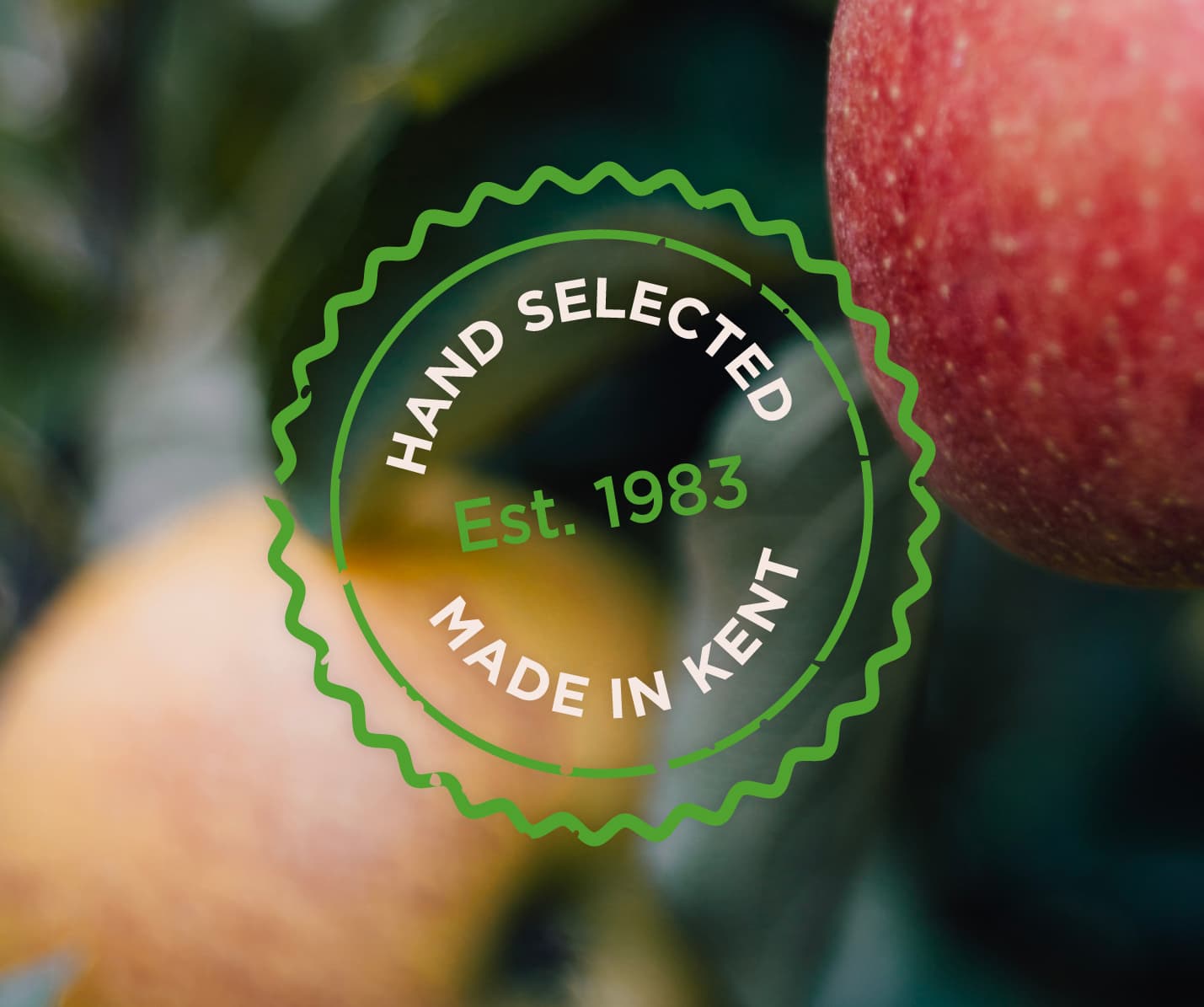 Chegworth Valley hand selected apple juice badge showing Est. 1983 and Made in Kent, highlighting heritage and farm-pressed quality.