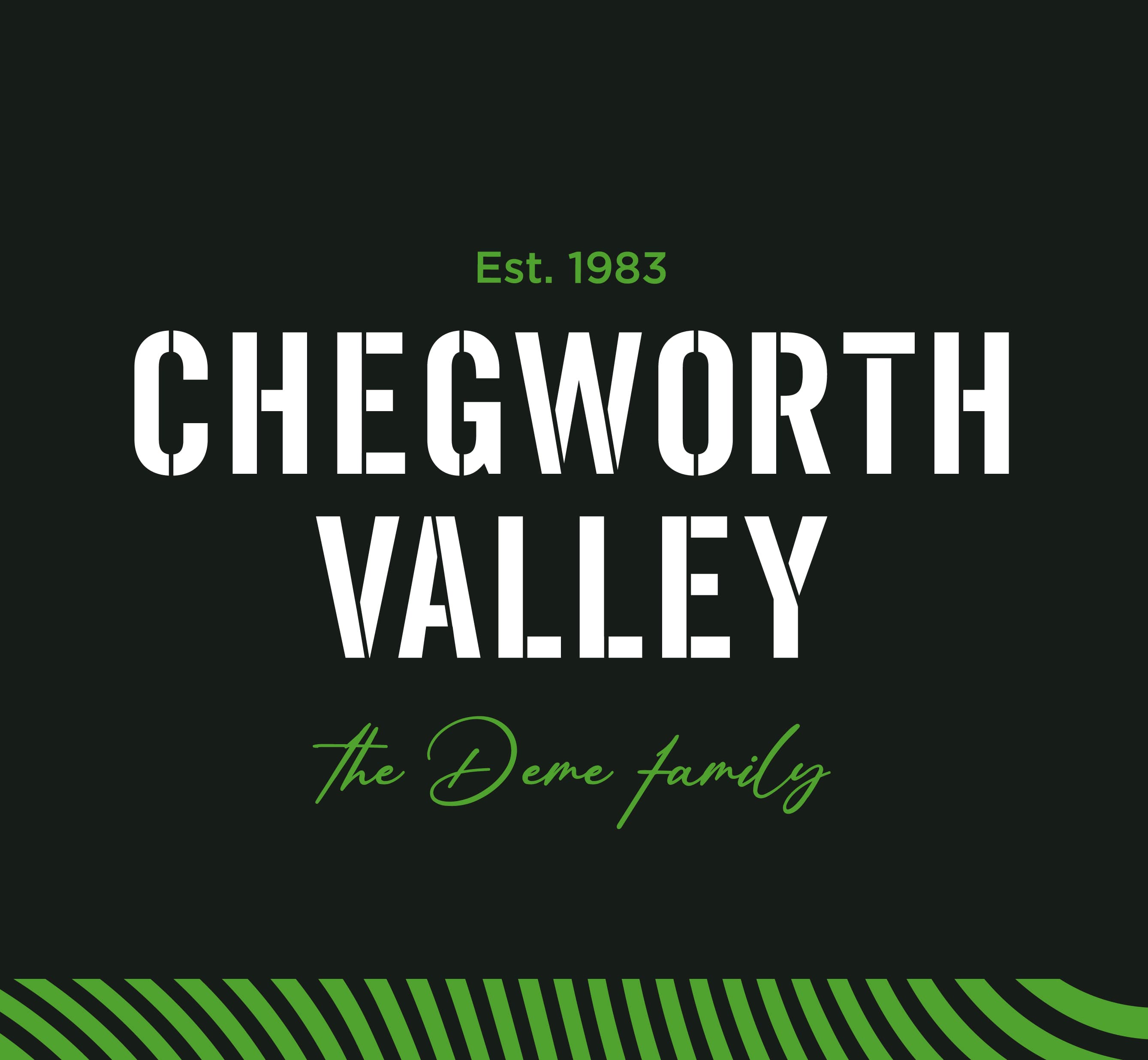Chegworth Valley logo with established date 1983 and “The Deme family” tagline, farm-pressed fruit juice brand identity from Kent, England.