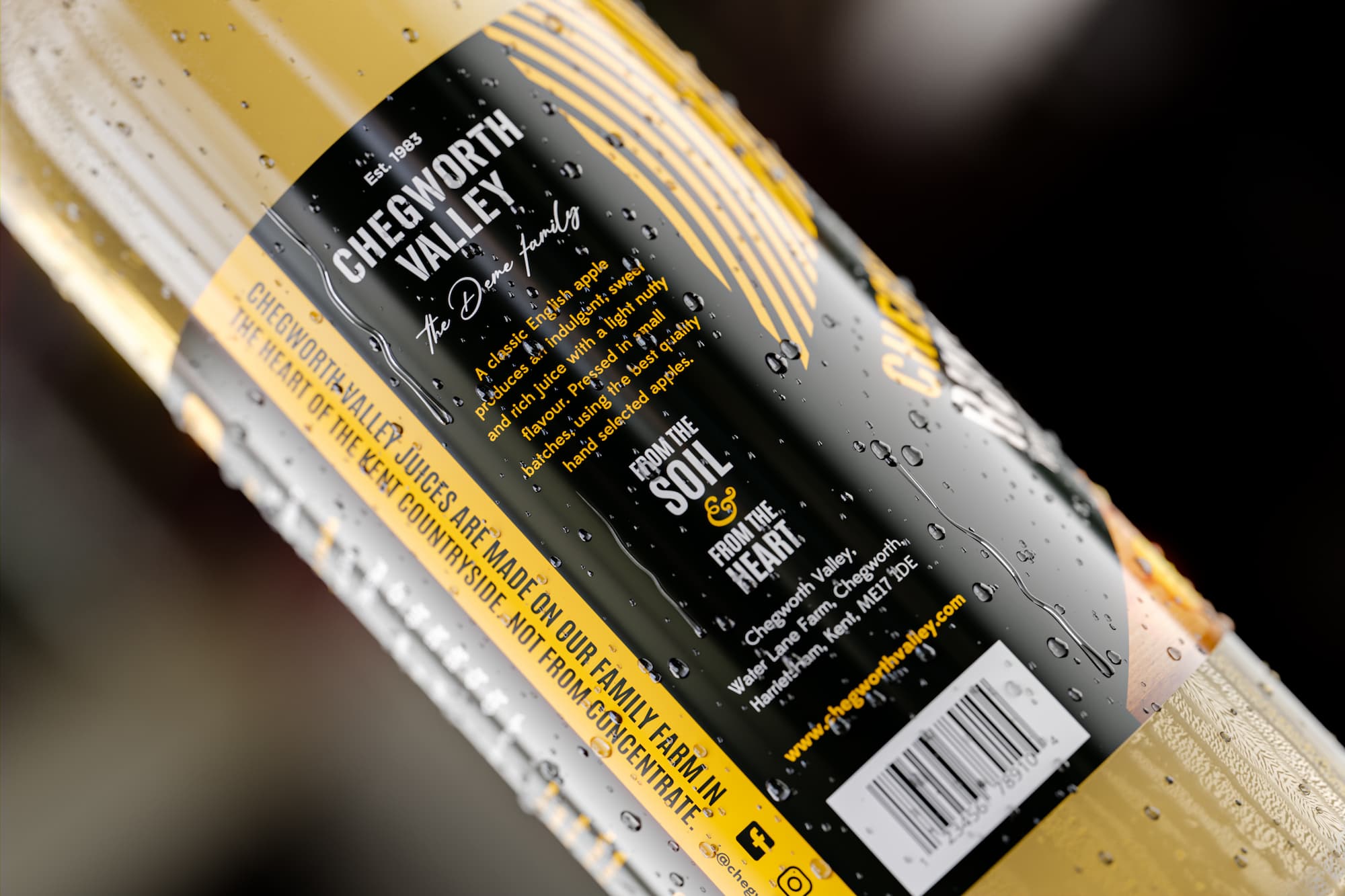 Chegworth Valley apple juice bottle packaging with branded label, showing English apple juice details, family farm origin in Kent, and “From the Soil & From the Heart” branding.