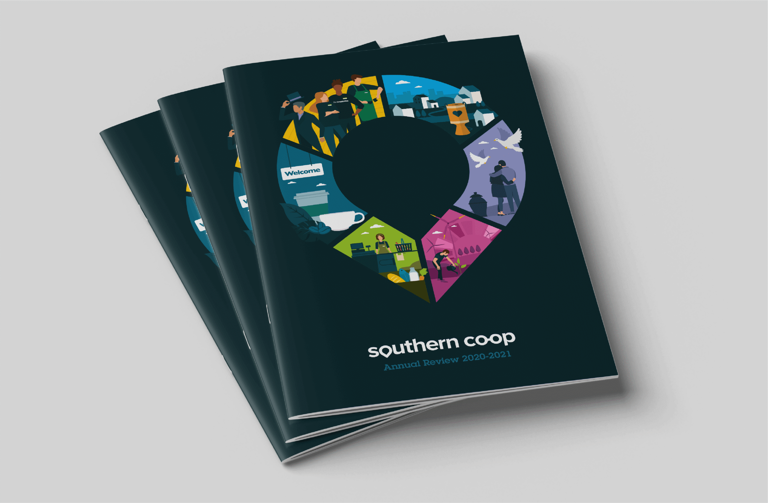 Southern Co-op annual review booklet with illustrated logo, supporting CRM client relationship management and digital marketing design