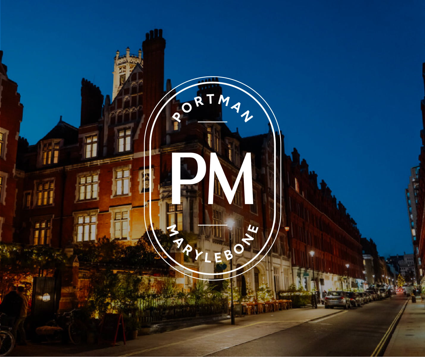 Portman Marylebone logo Portman Marylebone logo over London street scene for property and retail branding