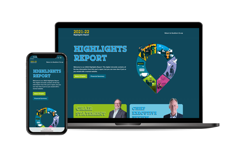 Southern Co-op website design showing CRM customer relationship management on desktop and mobile