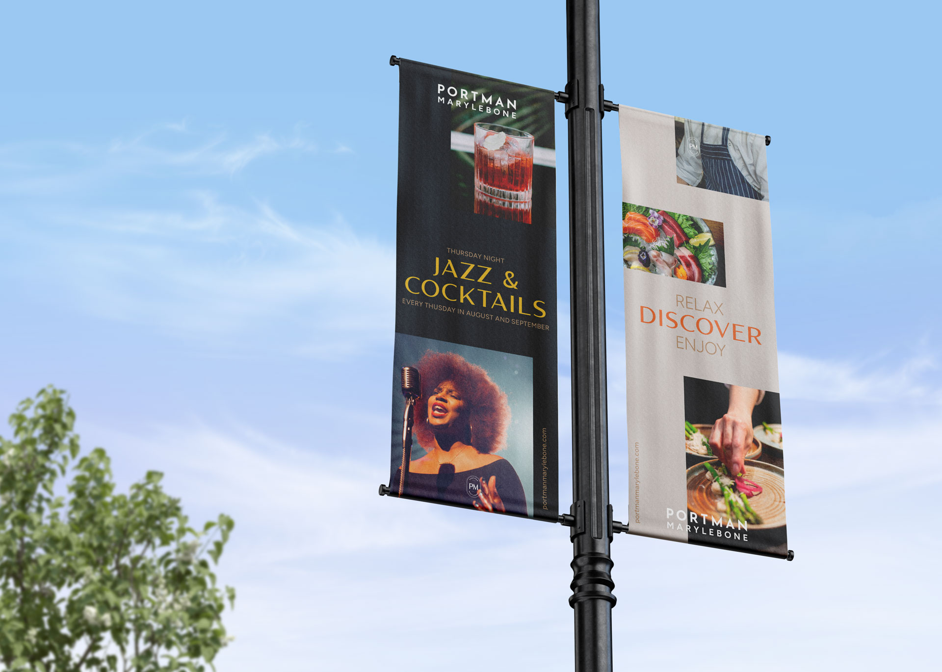Portman Marylebone street banners Portman Marylebone street banners promoting London dining, cocktails and retail branding