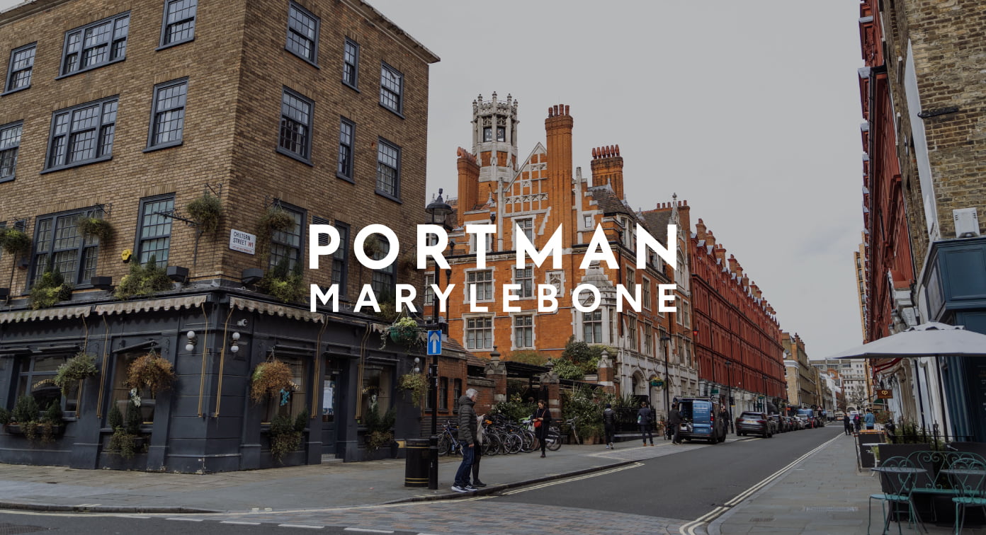 Portman Marylebone London street logo Portman Marylebone London street branding for property marketing and retail destination design