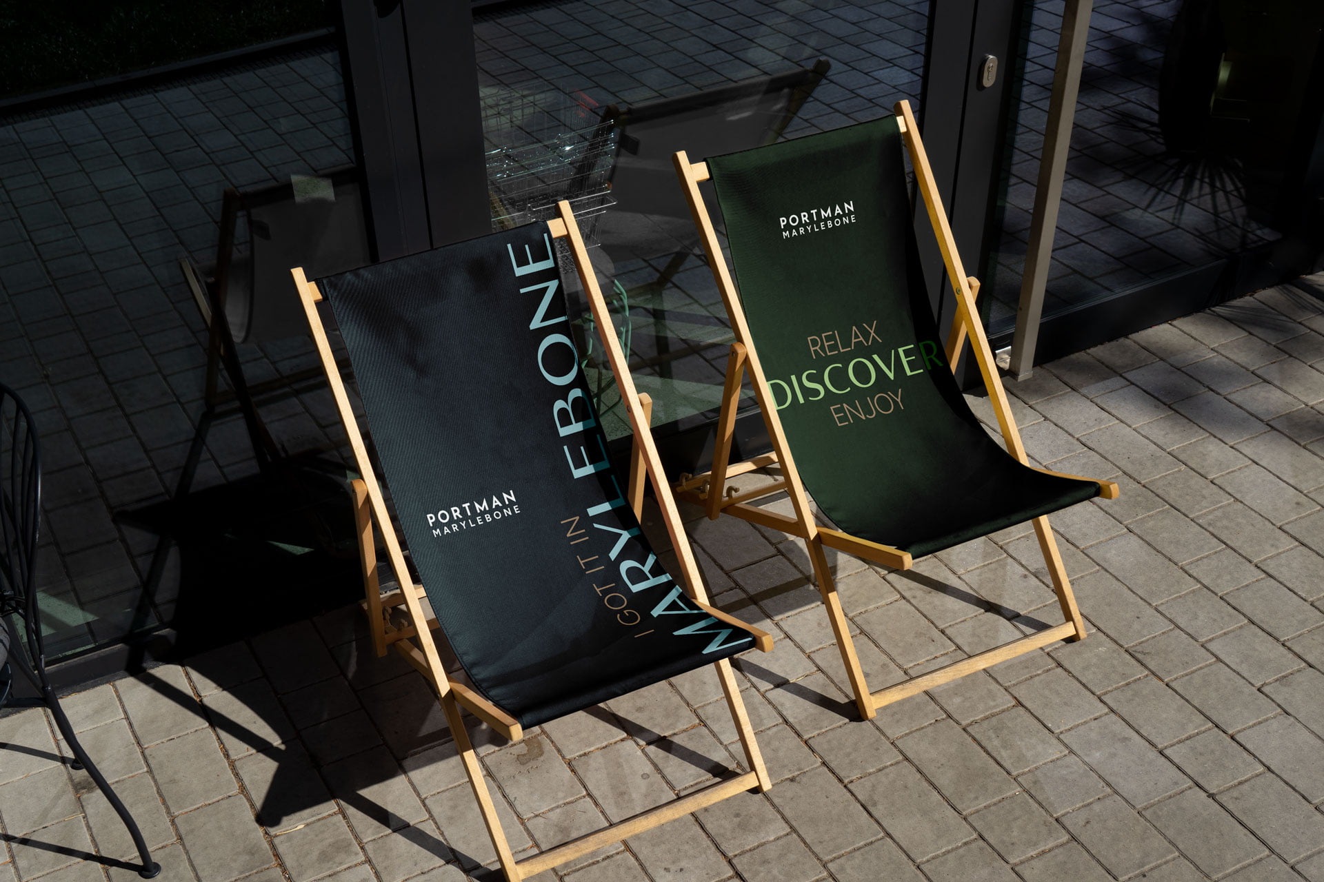 Portman Marylebone branded Portman Marylebone branded deck chairs with ‘Relax, Discover, Enjoy’ outdoor seating design