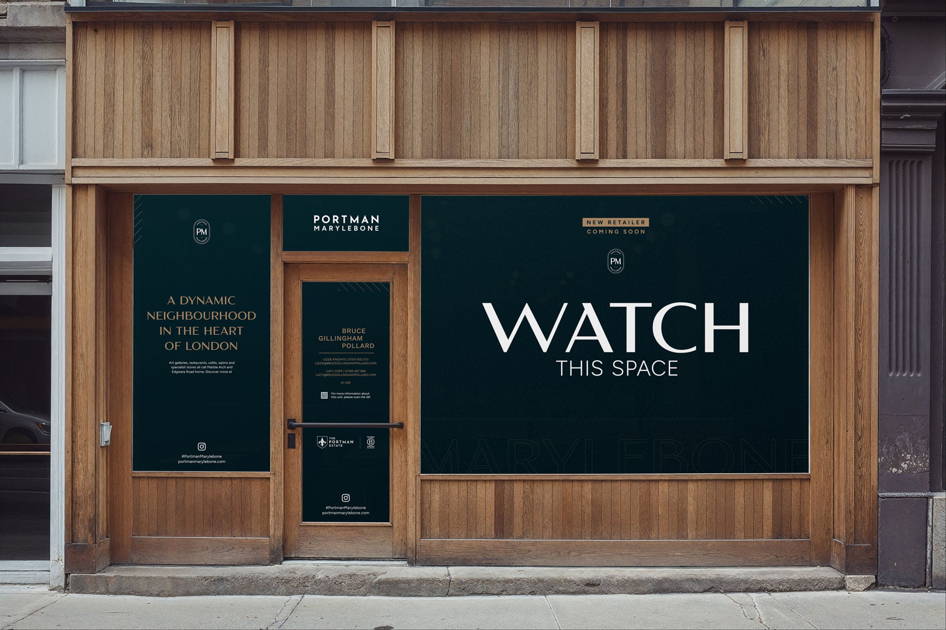 Portman Marylebone retail branding Portman Marylebone retail branding and shopfront window design for London property marketing, wayfinding and commercial signage