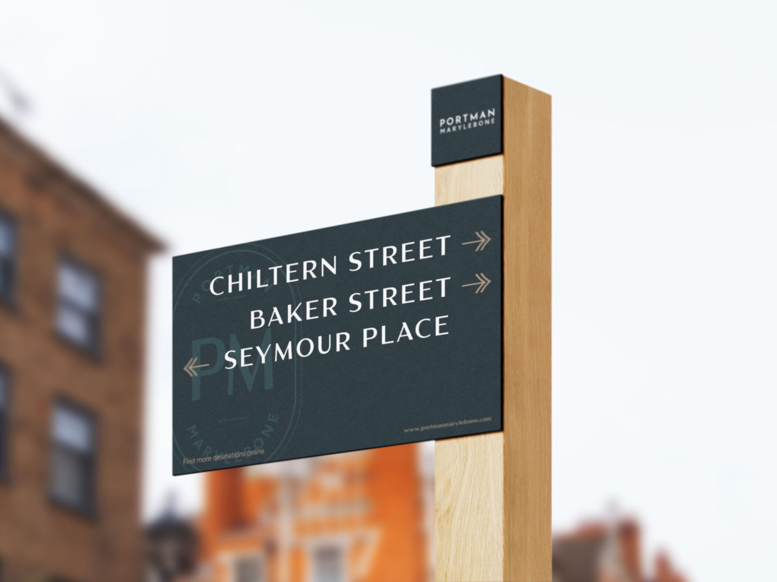 Portman Marylebone branded street Portman Marylebone branded street sign pointing to Chiltern Street, Baker Street and Seymour Place