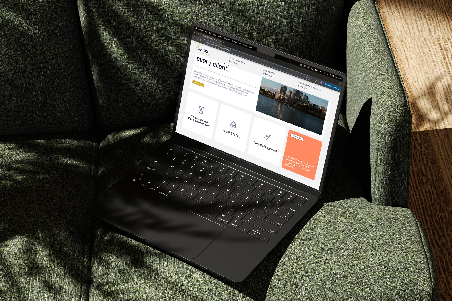 Senate-Consulting-Mockup-1 Laptop on a green fabric sofa displaying Senate Consulting’s refreshed website homepage. The clean interface features a modern layout with updated typography, minimal icons, and a balanced use of colour — including soft neutrals and a bold orange call-to-action. Natural light and shadows enhance the calm, confident tone of the brand’s new digital presence.