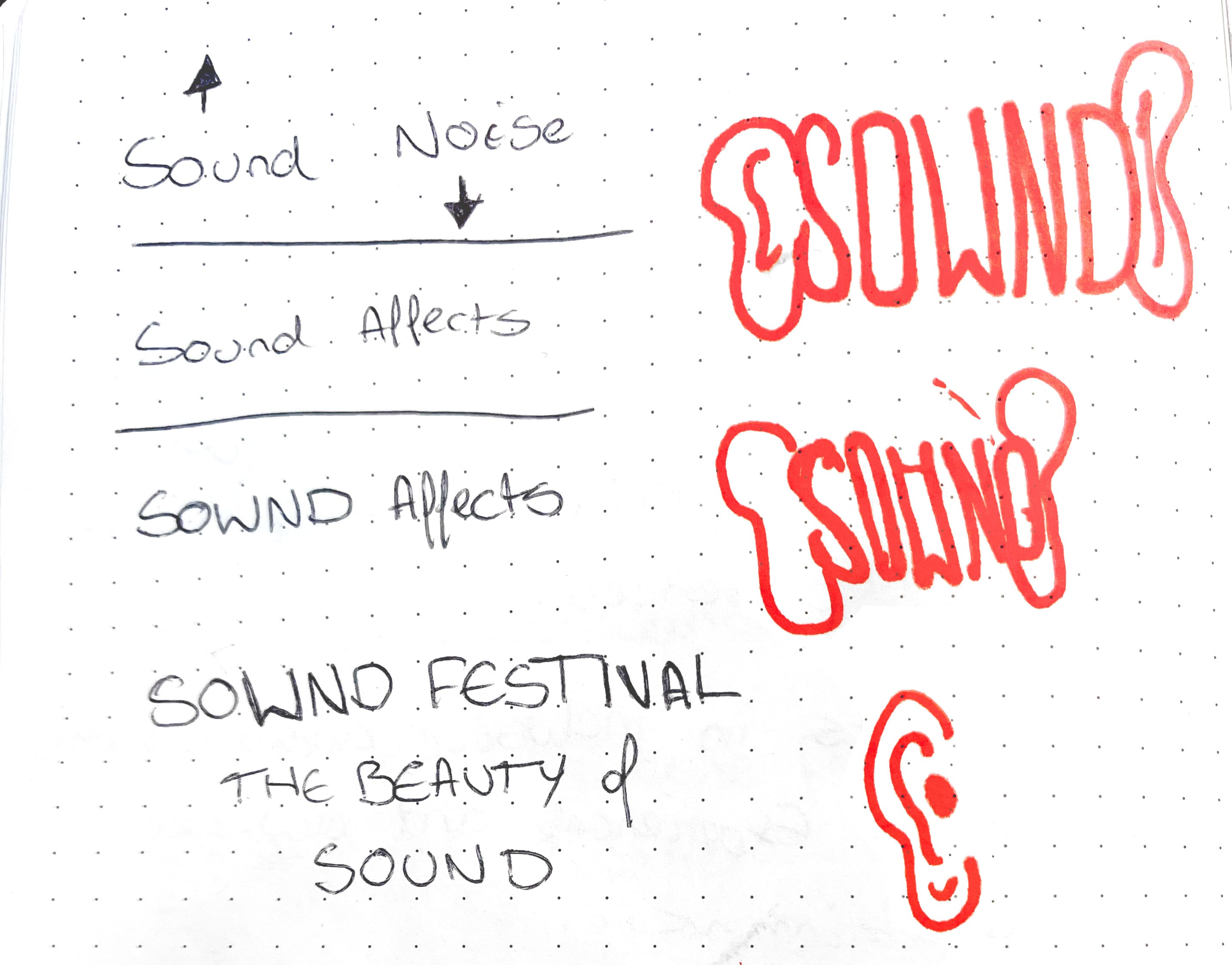Sketchbook page showing the naming process for Sownd Affects, with handwritten notes evolving from ‘sound’ to ‘sownd,’ plus red hand-drawn soundwave and ear illustrations.