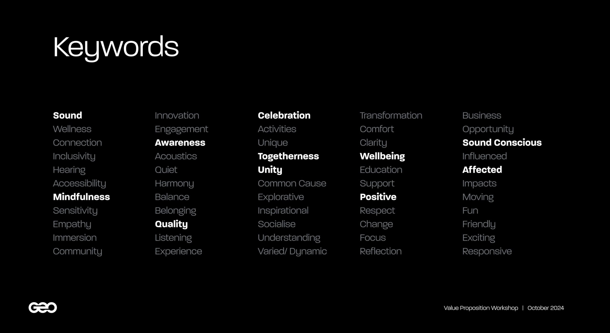 Keyword board for Sownd Affects highlighting sound, hearing, wellness, mindfulness, awareness, togetherness, wellbeing, positivity, inclusivity, and community values.