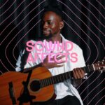 Musician holding a guitar with Sownd Affects branding and sound wave graphics, promoting the Sownd Affects hearing and wellness festival.