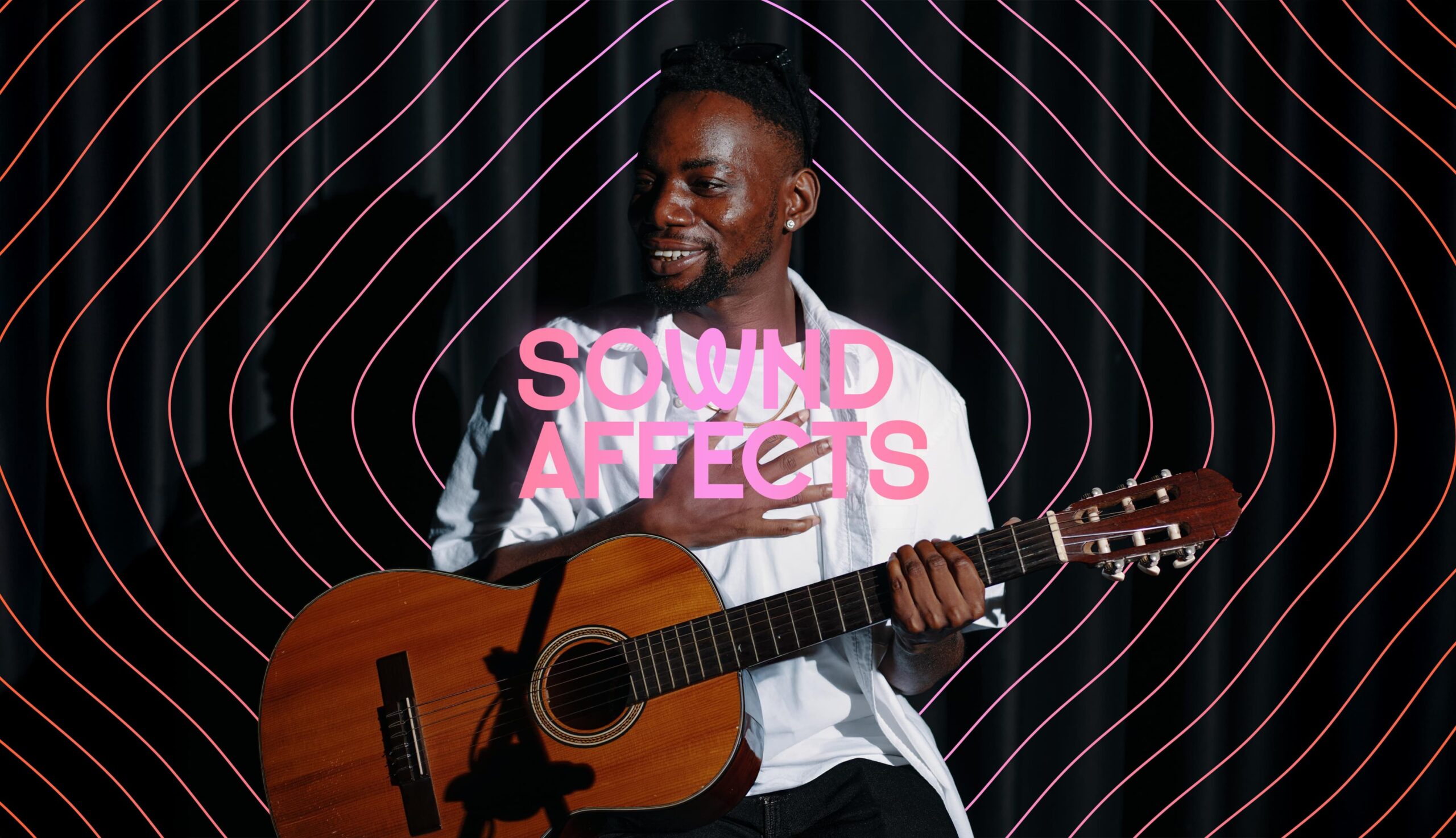 Musician holding a guitar with Sownd Affects branding and sound wave graphics, promoting the Sownd Affects hearing and wellness festival.