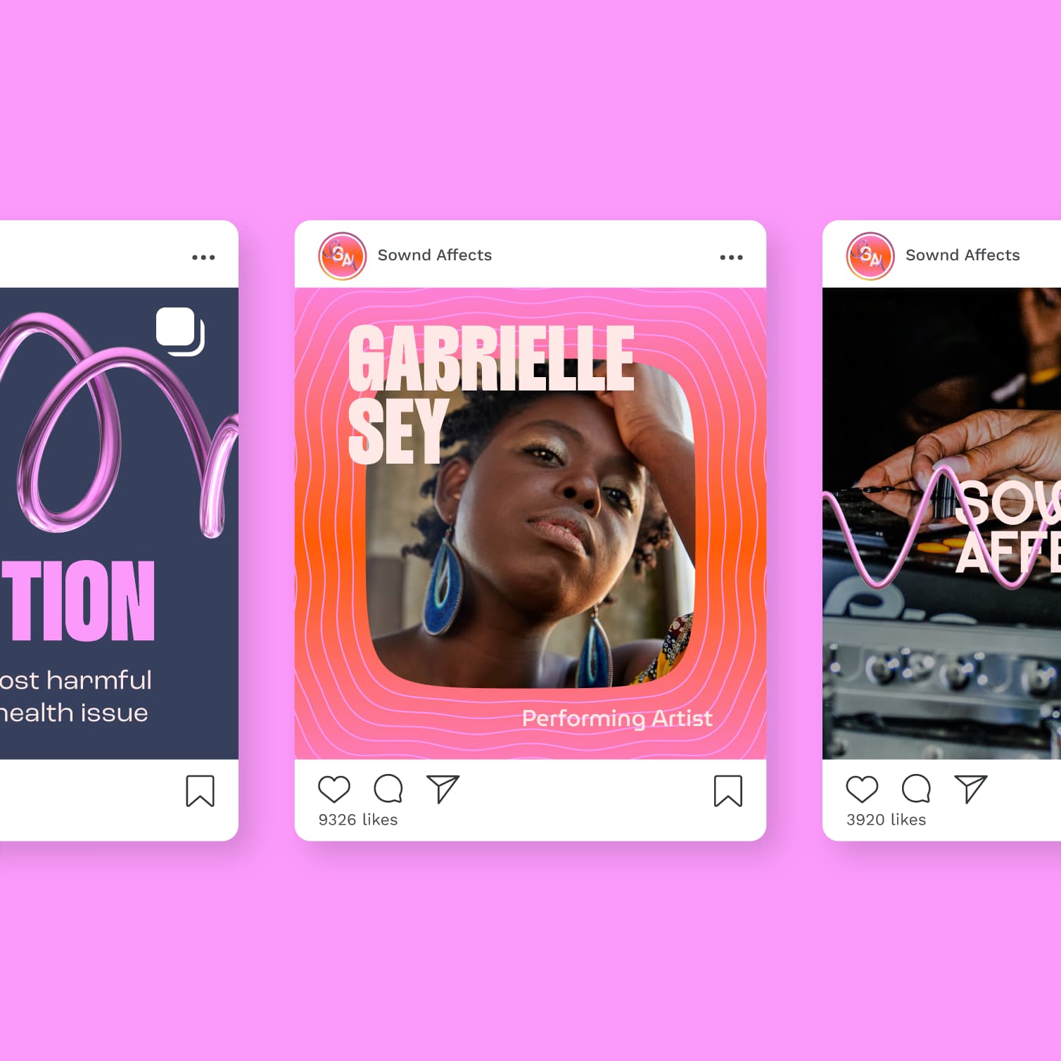 Social media post design featuring Sownd Affects branding and a portrait of performing artist Gabrielle Sey, displayed within a stylised mobile feed interface.