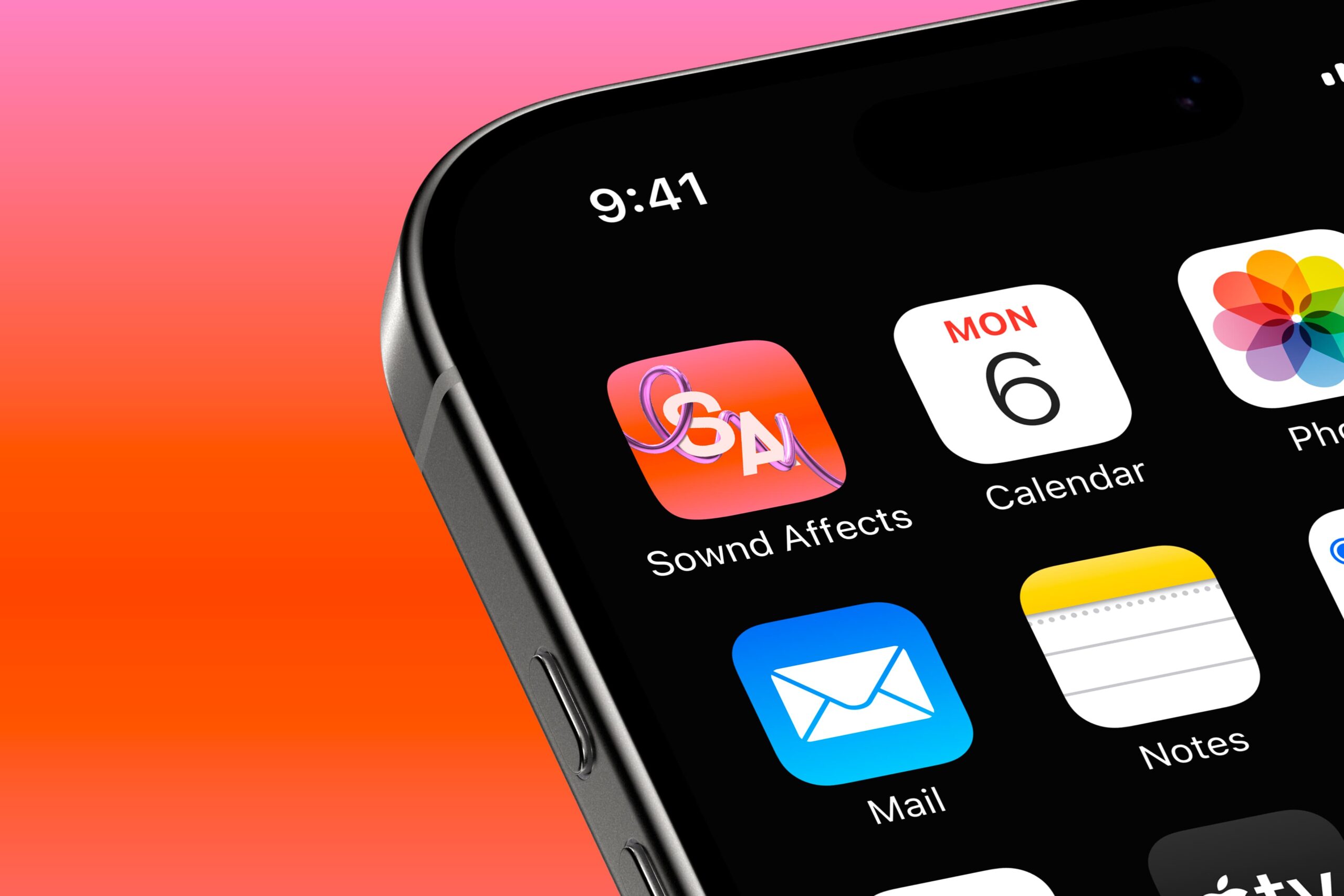 Sownd Affects app icon displayed on a smartphone home screen, featuring the brand logo and sound wave graphic on a pink-to-orange gradient background.