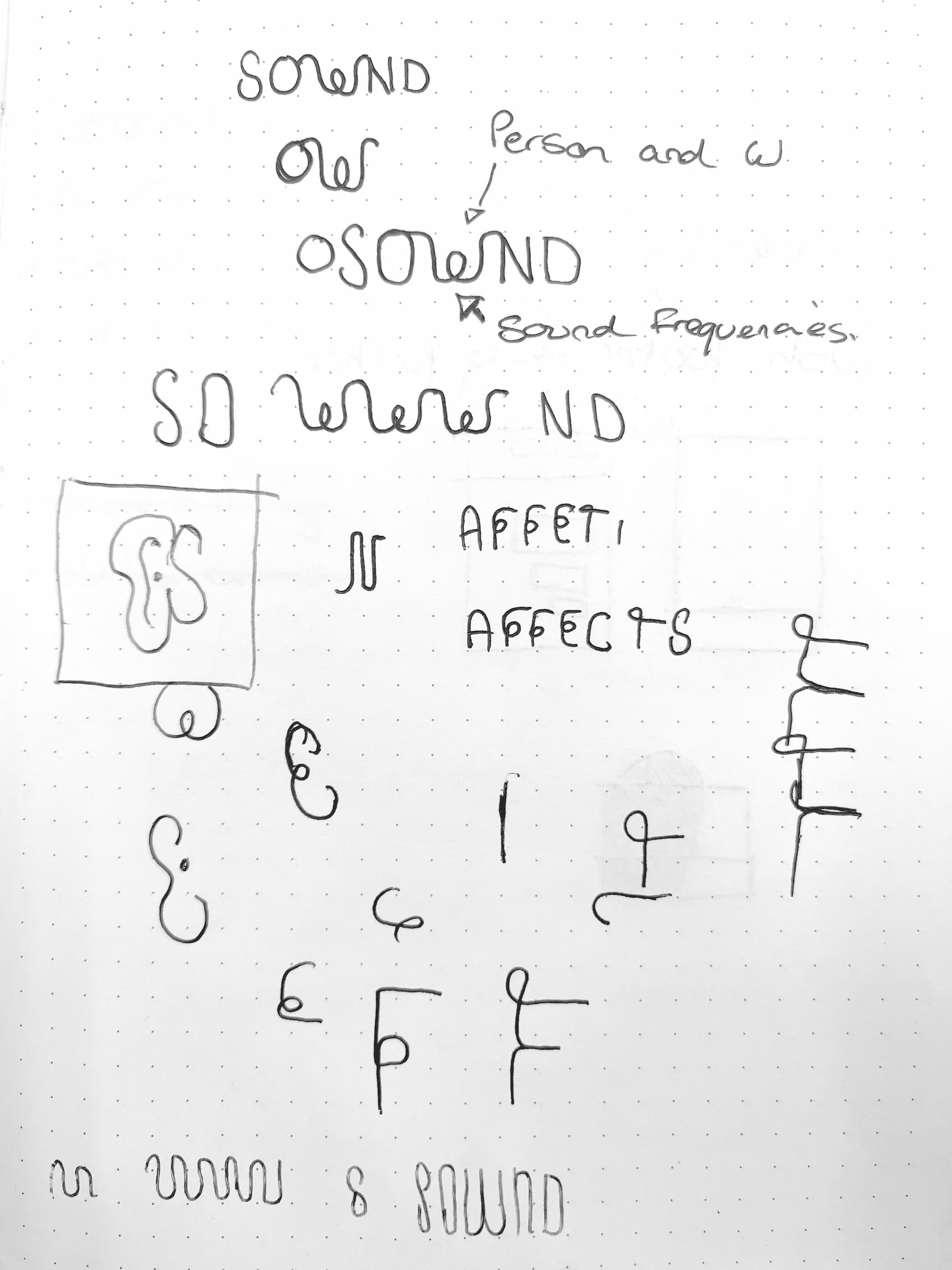 Hand-drawn Sownd Affects typography sketches exploring sound waves, letterforms, and branding concepts.