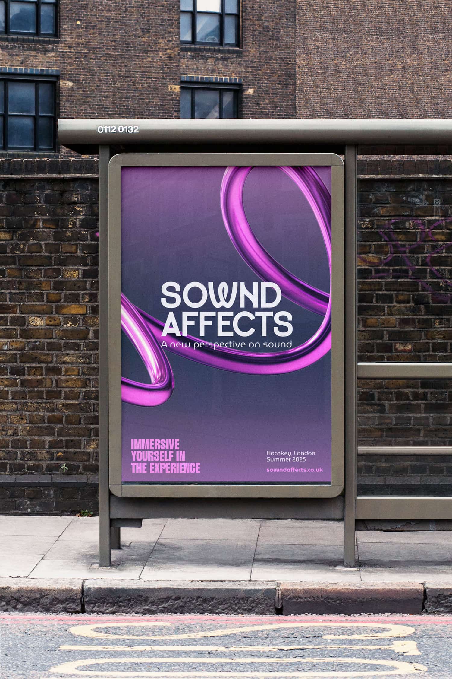 Sownd Affects bus stop poster promoting an immersive sound experience with purple sound wave graphics in Hackney, London.