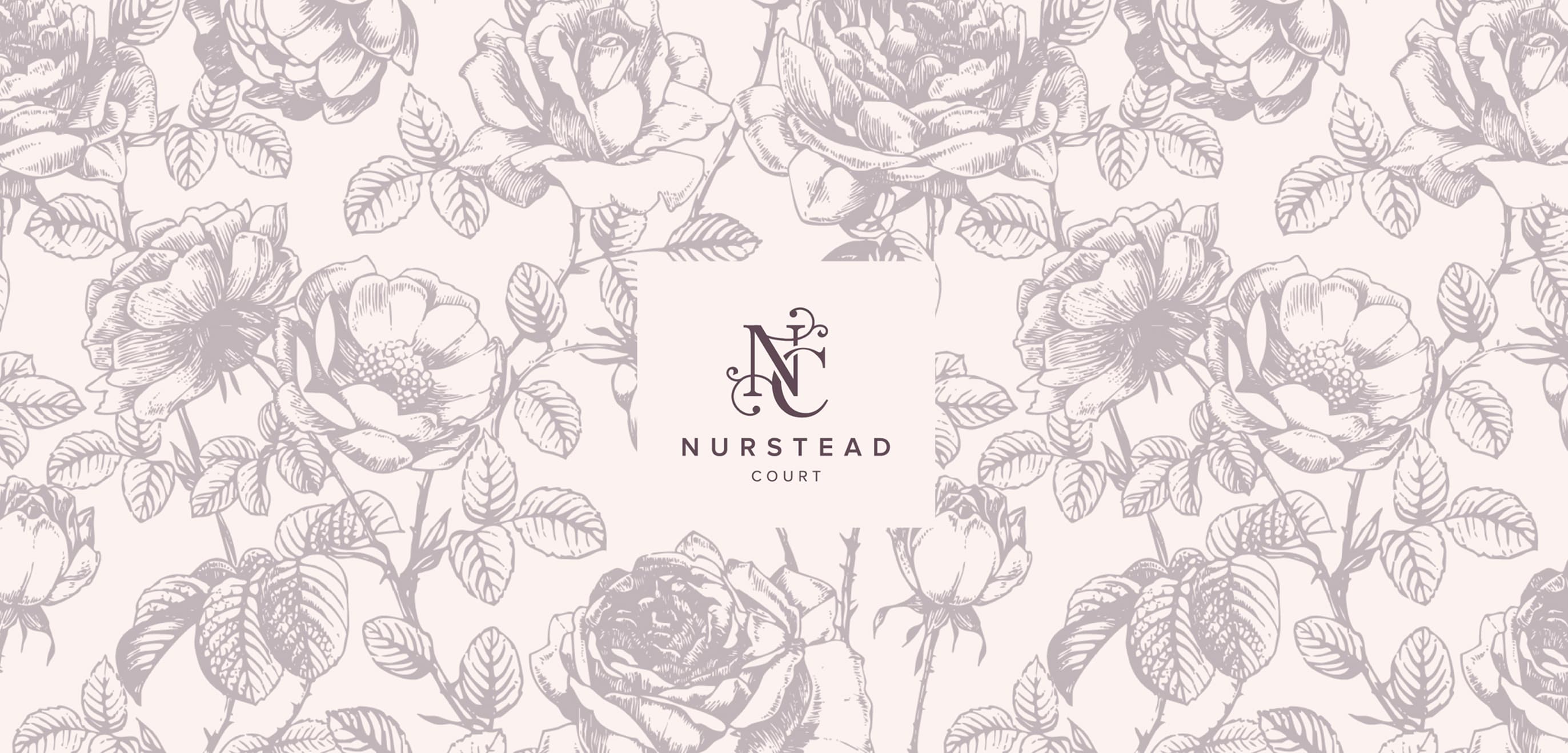 Nurstead Court floral pattern with central logo showcasing elegant brand identity design and cohesive visual branding for a luxury hospitality website