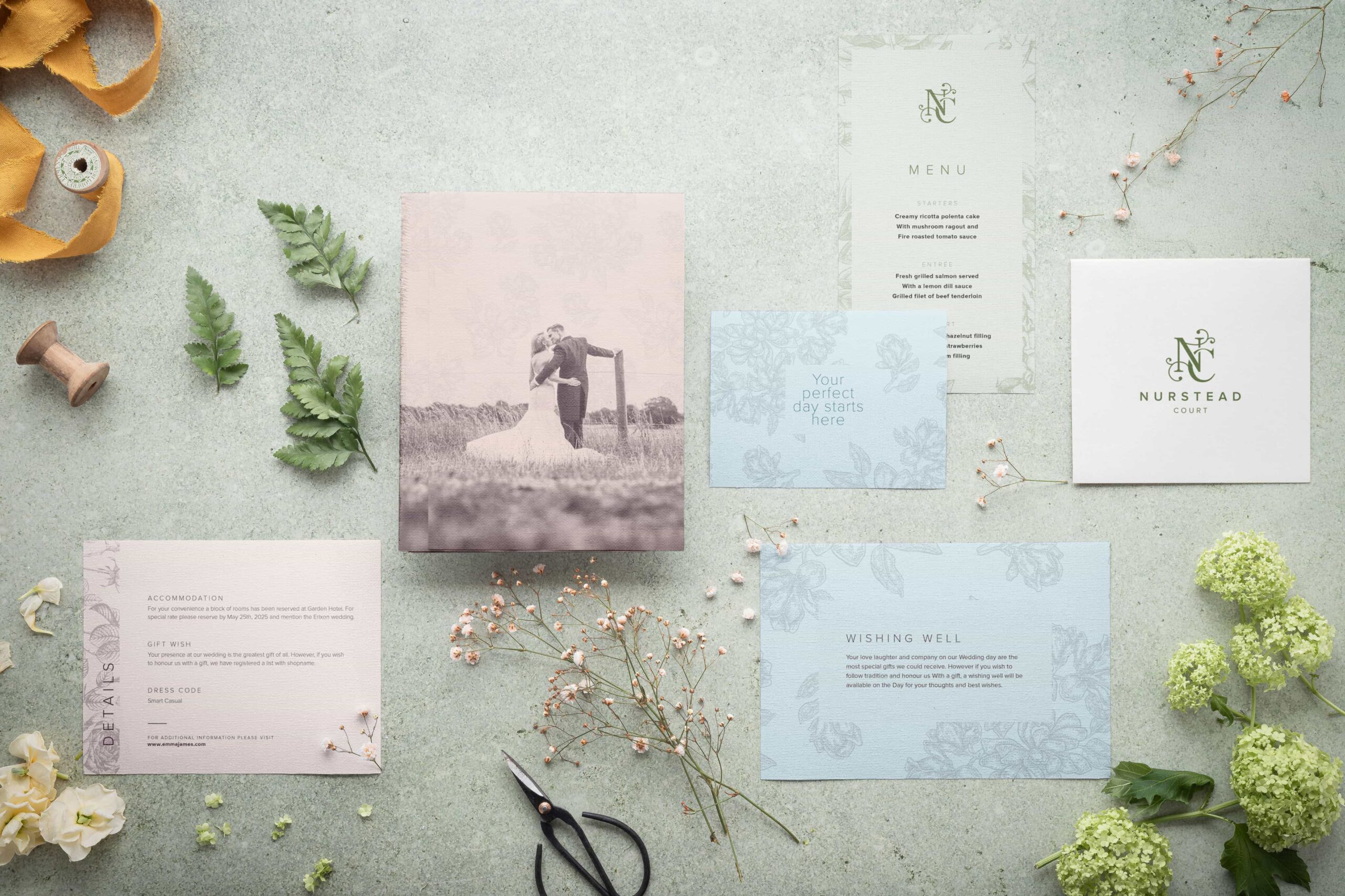 Nurstead Court print branding suite showcasing cohesive luxury brand identity and professionally designed marketing materials for a premium venue