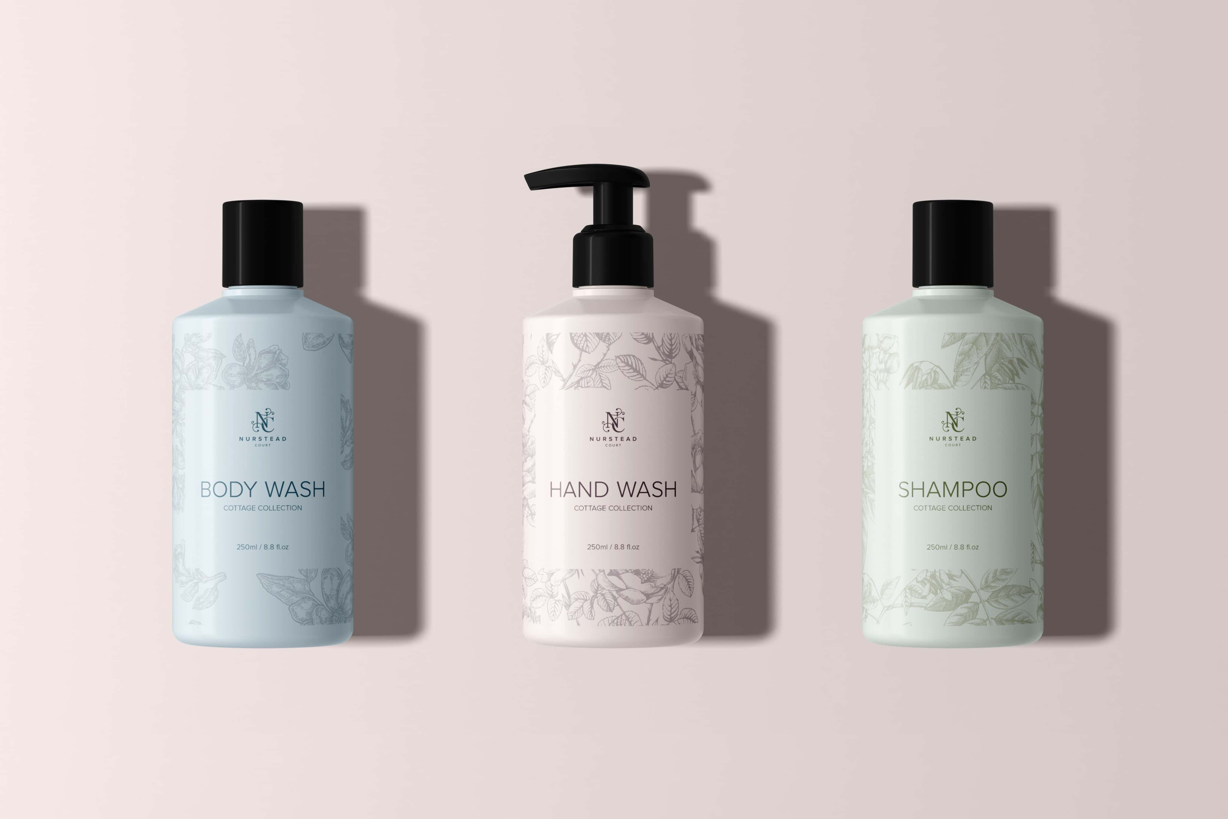 Nurstead Court toiletries branding showcasing custom packaging design and cohesive brand identity developed for a luxury hospitality client