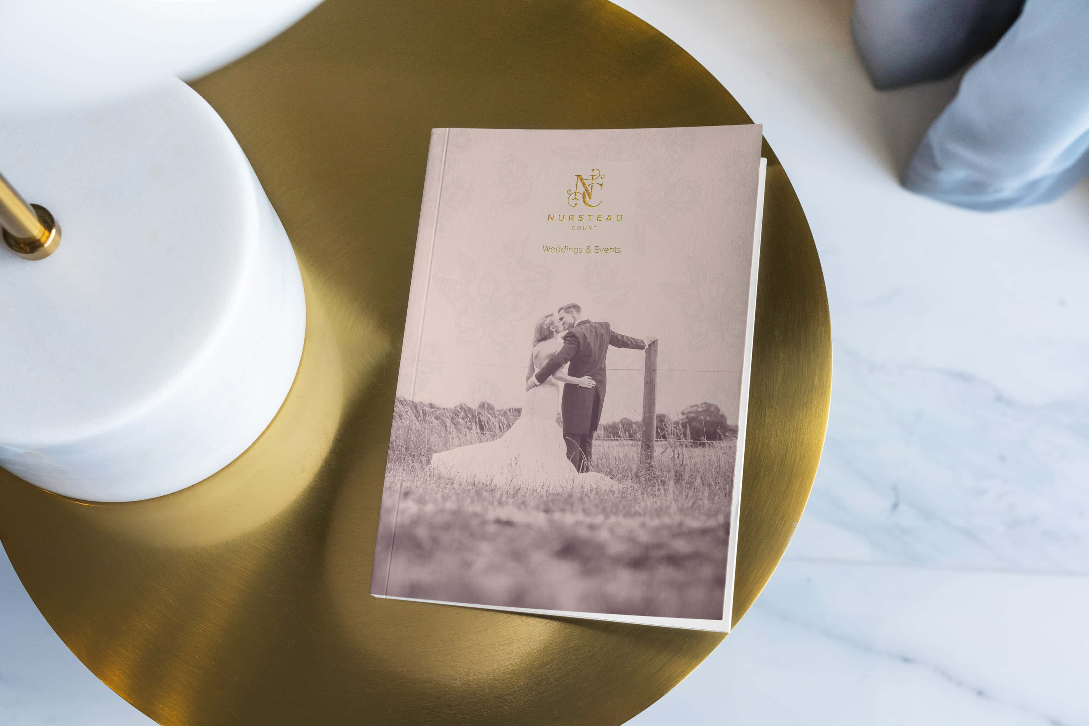 Nurstead Court weddings and events brochure cover designed as part of luxury brand identity and premium print design services