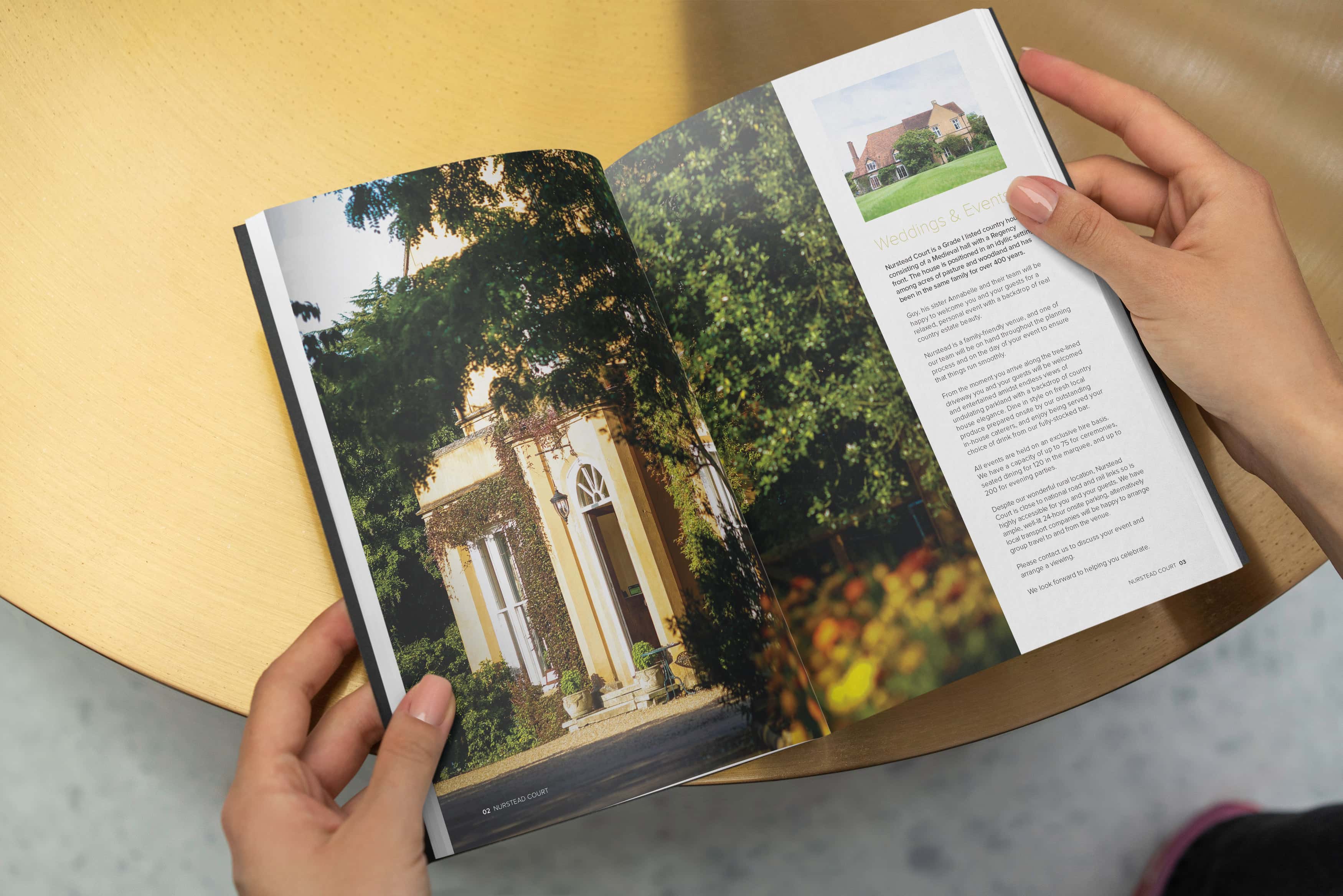 Nurstead Court weddings and events brochure showcasing luxury print design and cohesive brand development for a premium venue brand