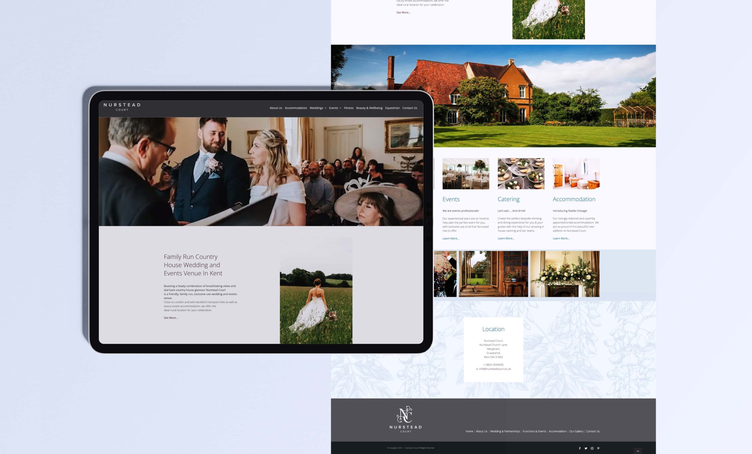 Nurstead Court website design displayed on tablet showcasing bespoke website development and user-focused digital design for a luxury venue brand